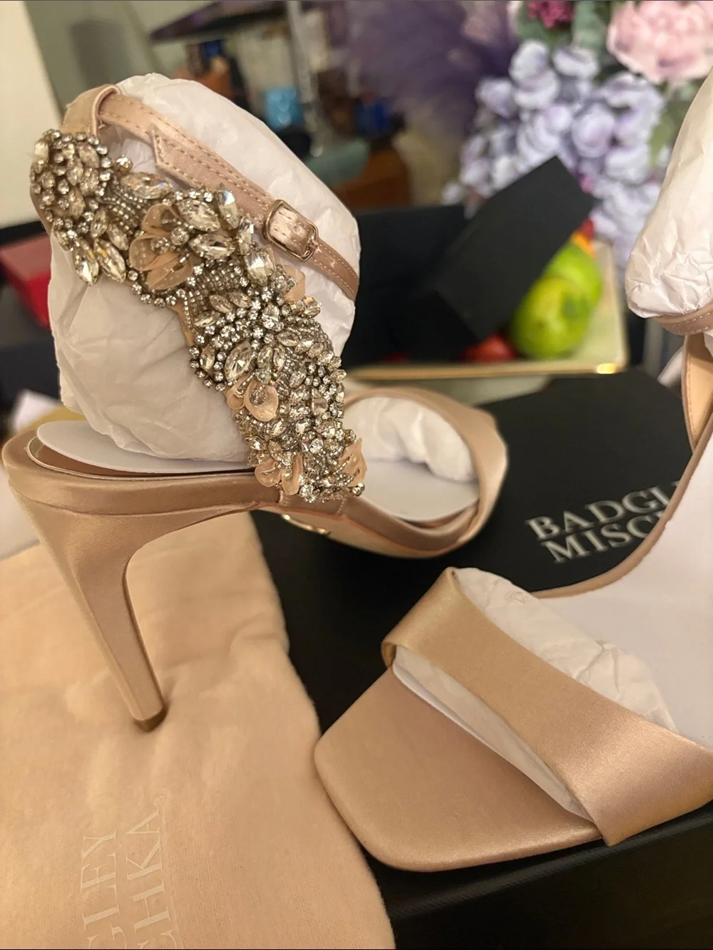 Badgley Mischka Rose Gold Crystal-Embellished Ankle-Strap Heels